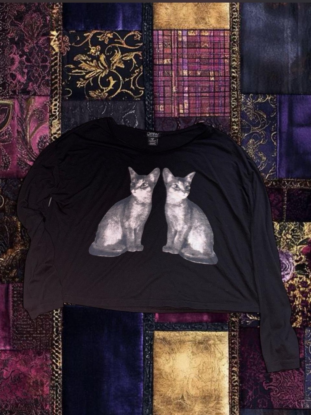 Graphic Black Long Sleeve Cropped Shirt with Two Twin Cats